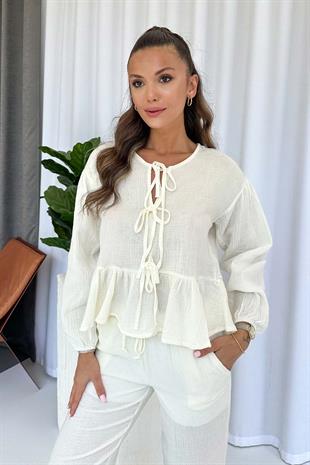 Beli Lastikli Bağlama Detay Müslin Kadın Takım - Ekru
