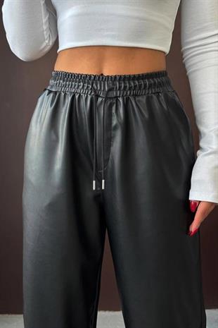 Beli Lastikli Çift Cep 3 Renk Boru Paça Deri Pantolon - Siyah