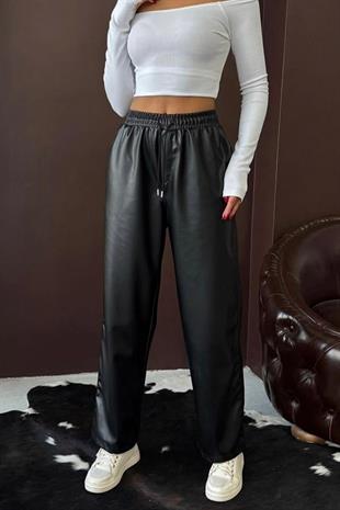 Beli Lastikli Çift Cep 3 Renk Boru Paça Deri Pantolon - Siyah
