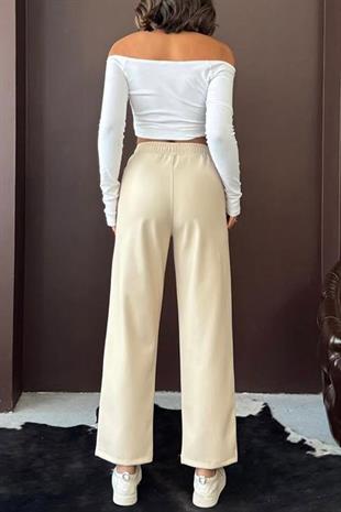Beli Lastikli Çift Cep 3 Renk Boru Paça Deri Pantolon - Bej