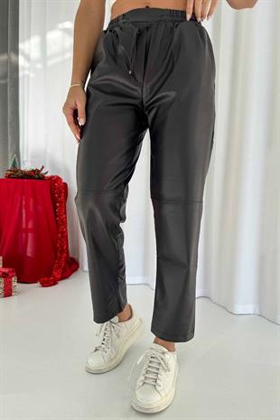 Beli Lastikli Mat Deri Pantolon - Acı Kahve