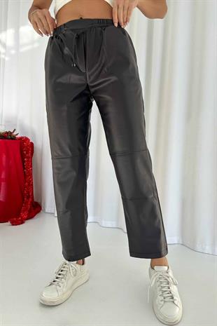 Beli Lastikli Mat Deri Pantolon - Acı Kahve