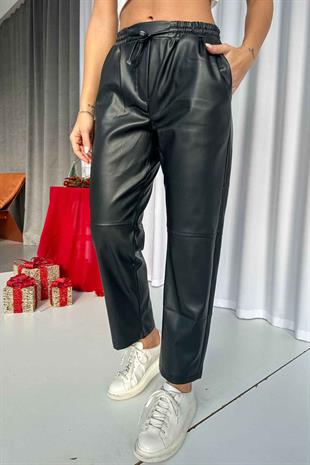 Beli Lastikli Mat Deri Pantolon - Siyah
