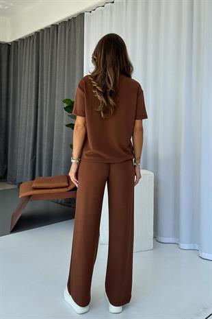 Bisiklet Yaka Alt - Üst Kadın Takım - Kahverengi