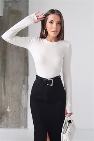 Bisiklet Yaka Buzzy Kumaş Bluz - Beyaz