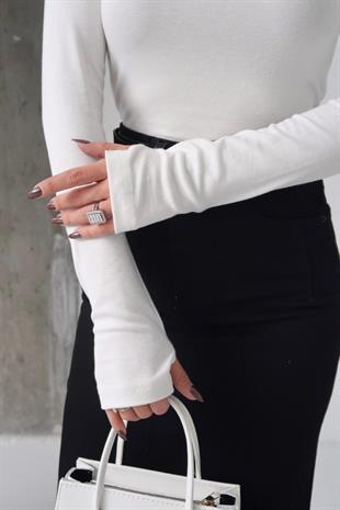 Bisiklet Yaka Buzzy Kumaş Bluz - Beyaz