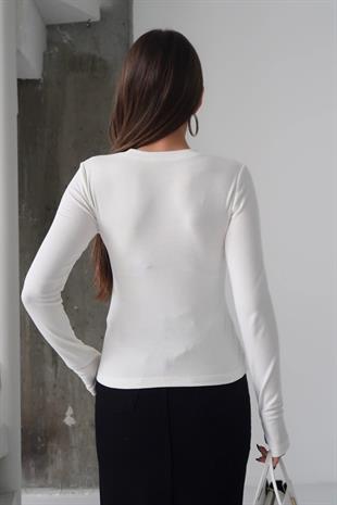 Bisiklet Yaka Buzzy Kumaş Bluz - Beyaz