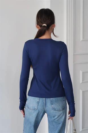 Bisiklet Yaka Buzzy Kumaş Bluz - Lacivert