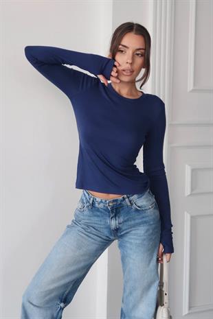 Bisiklet Yaka Buzzy Kumaş Bluz - Lacivert