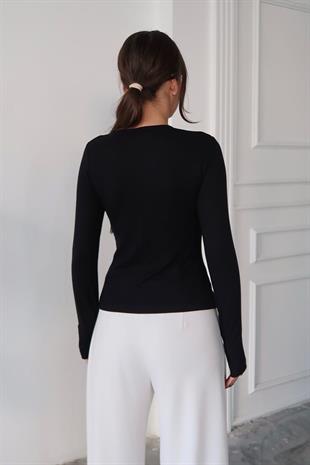 Bisiklet Yaka Buzzy Kumaş Bluz - Siyah