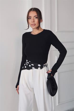 Bisiklet Yaka Buzzy Kumaş Bluz - Siyah