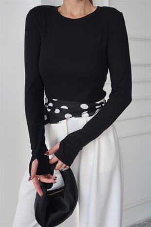 Bisiklet Yaka Buzzy Kumaş Bluz - Siyah