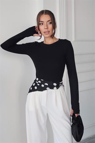 Bisiklet Yaka Buzzy Kumaş Bluz - Siyah