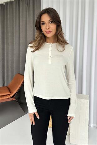 Bisiklet Yaka Düğmeli Dilvin Basic Bluz - Ekru