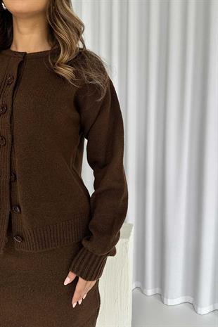 Bisiklet Yaka Düğmeli Hırka Etek 2li Takım - Kahverengi