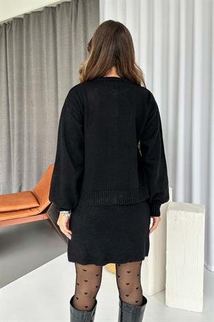 Bisiklet Yaka Düğmeli Hırka Etek 2li Takım - Siyah