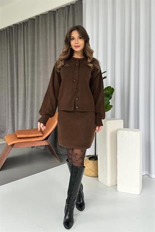 Bisiklet Yaka Düğmeli Hırka Etek 2li Takım - Kahverengi