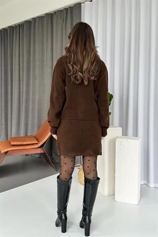 Bisiklet Yaka Düğmeli Hırka Etek 2li Takım - Kahverengi