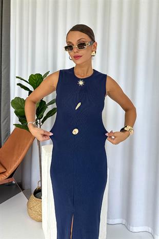 Bisiklet Yaka Ottoman Üç Düğmeli Elbise - Lacivert