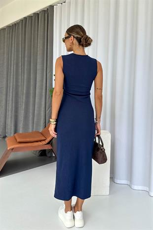 Bisiklet Yaka Ottoman Üç Düğmeli Elbise - Lacivert