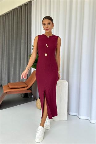 Bisiklet Yaka Ottoman Üç Düğmeli Elbise - Bordo