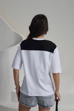 Bisiklet Yaka Pamuklu Kumaş Şal Detay T-Shirt - Beyaz