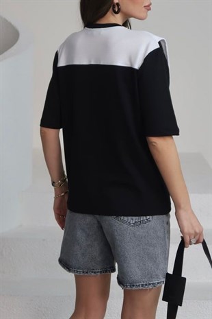 Bisiklet Yaka Pamuklu Kumaş Şal Detay T-Shirt - Siyah