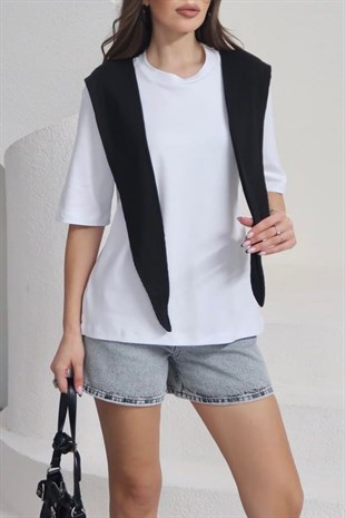 Bisiklet Yaka Pamuklu Kumaş Şal Detay T-Shirt - Beyaz