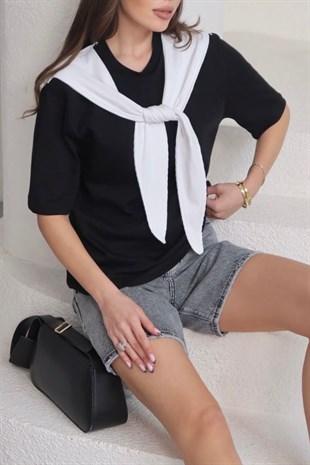Bisiklet Yaka Pamuklu Kumaş Şal Detay T-Shirt - Siyah