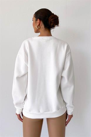 Bisiklet Yaka Şardonlu Kadın Sweatshirt - Beyaz