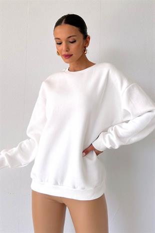 Bisiklet Yaka Şardonlu Kadın Sweatshirt - Beyaz