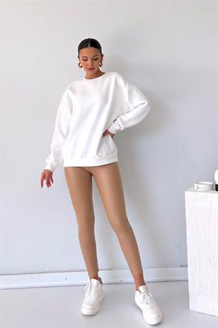 Bisiklet Yaka Şardonlu Kadın Sweatshirt - Beyaz