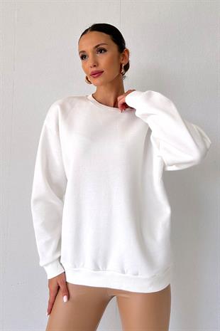 Bisiklet Yaka Şardonlu Kadın Sweatshirt - Beyaz