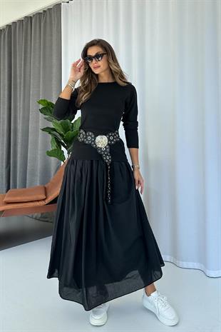 Bisiklet Yaka Triko Detay Poplin Elbise - Siyah