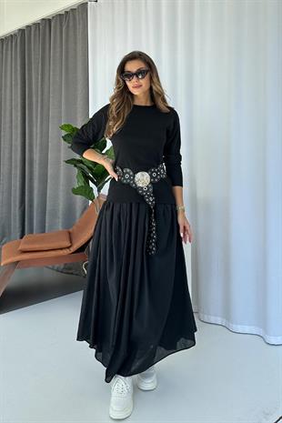 Bisiklet Yaka Triko Detay Poplin Elbise - Siyah