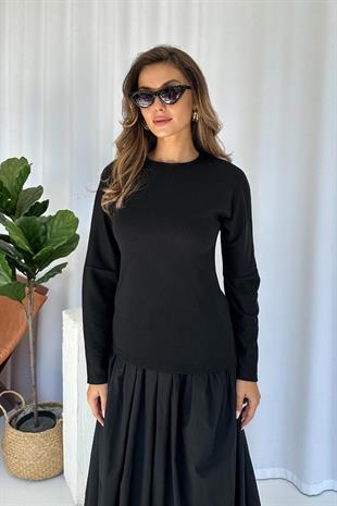 Bisiklet Yaka Triko Detay Poplin Elbise - Siyah