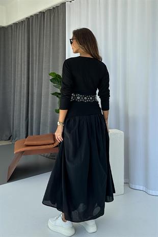 Bisiklet Yaka Triko Detay Poplin Elbise - Siyah