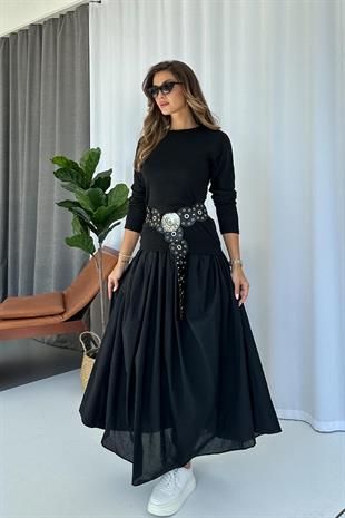 Bisiklet Yaka Triko Detay Poplin Elbise - Siyah