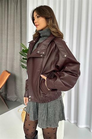 Bomber Kadın Deri Ceket - Bordo