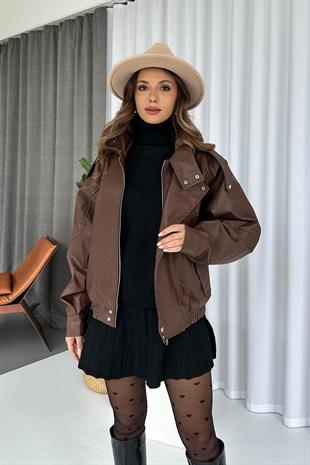 Bomber Kadın Deri Ceket - Kahverengi