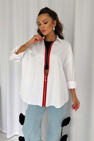 Boydan Kırmızı Fermuar Detaylı Kadın Gömlek