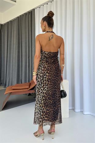 Boyun Detay Leopar Desen Tül Elbise - Vizon