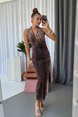 Boyun Detay Leopar Desen Tül Elbise - Vizon