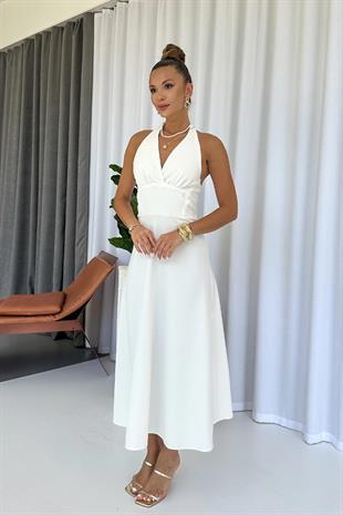 Boyun Detay Zarif Uzun Kadın Elbise - Beyaz