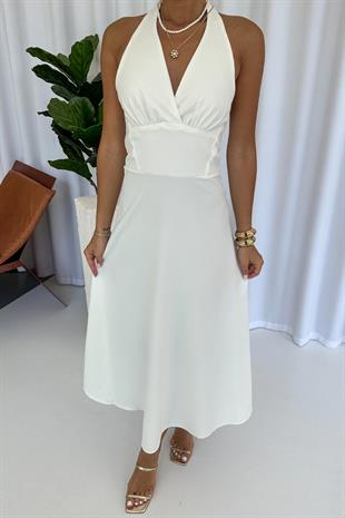 Boyun Detay Zarif Uzun Kadın Elbise - Beyaz