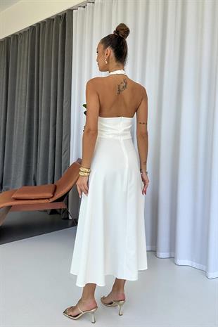 Boyun Detay Zarif Uzun Kadın Elbise - Beyaz