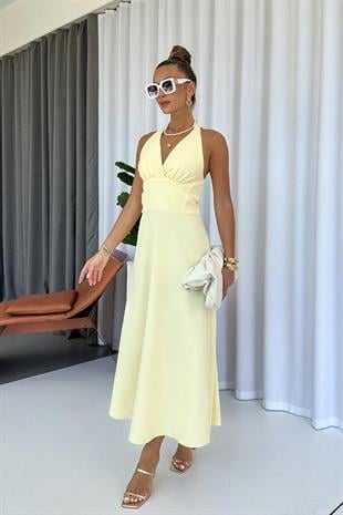 Boyun Detay Zarif Uzun Kadın Elbise - Sarı