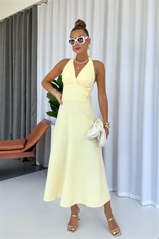 Boyun Detay Zarif Uzun Kadın Elbise - Sarı