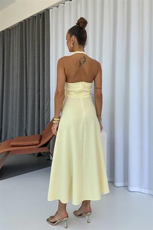 Boyun Detay Zarif Uzun Kadın Elbise - Sarı