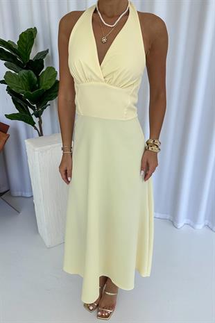 Boyun Detay Zarif Uzun Kadın Elbise - Sarı